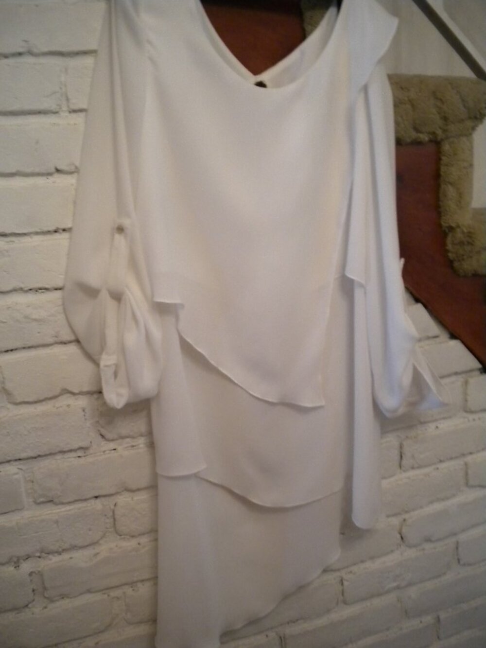 Cartise White Layered Chiffon Blouse Roll Tab Sleeve Asymmetrical Hem Women's